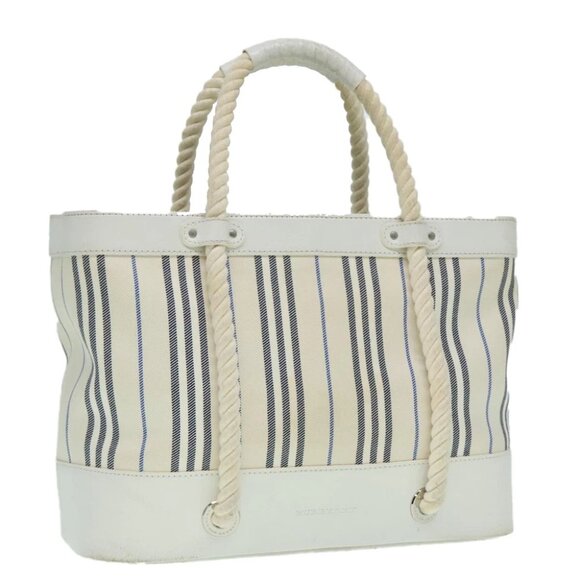 BURBERRY Rope handle Hand Bag Canvas Leather White Blue Silver Auth 92982 - Picture 3 of 15